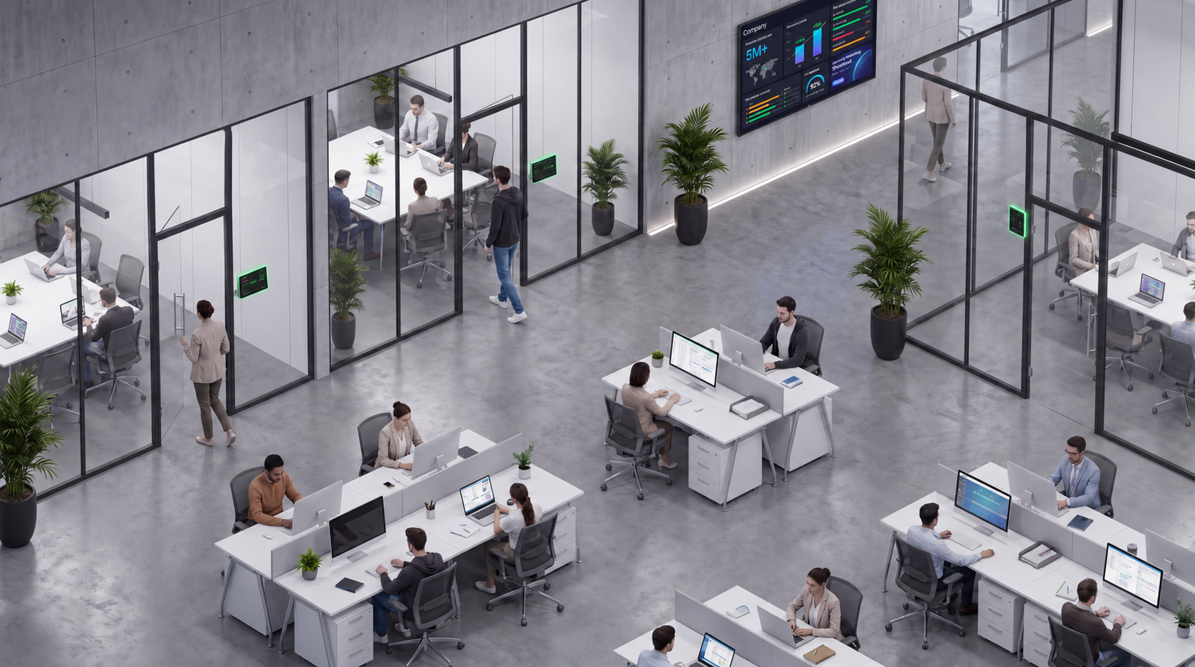 Team collaborating in a modern office meeting room with IAdea digital signage display