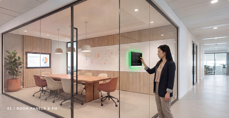 IAdea Room Panels and FM Hardware — wall-mounted booking panel outside meeting room