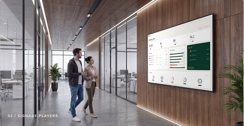 IAdea Signage Players and Displays — large digital display in modern office corridor