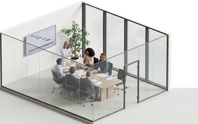 Workplace meeting room with glass walls and IAdea room booking panel
