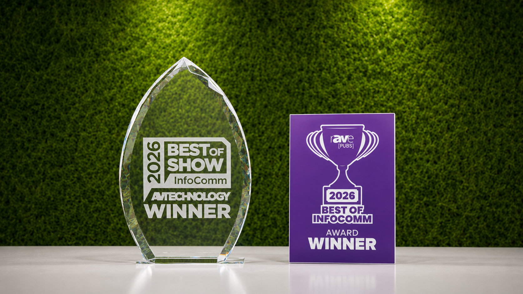 IAdea's InfoComm 2026 Best of Show awards, featuring the AV Technology Best of Show trophy and rAVe Best of InfoComm Award.